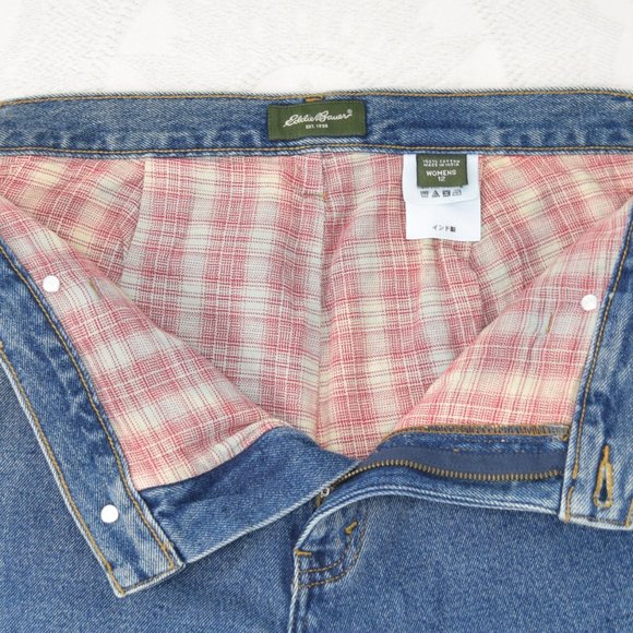 Eddie Bauer Wide Leg Raw Hem Red Plaid Flannel-Lined Women's Jeans Cotton 12 32 - Picture 6 of 14